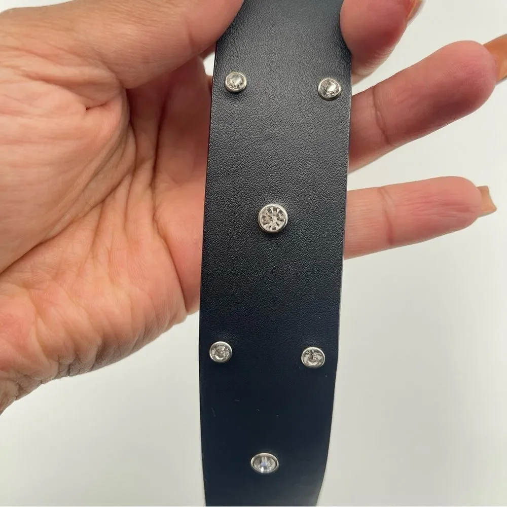 H&M Divided Black Faux Leather Studded Rhinestone Belt Western NWT Y2K